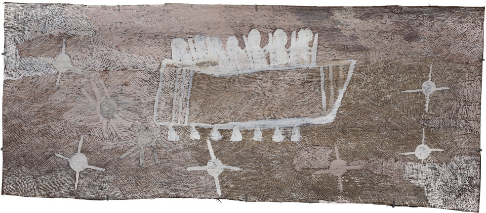 Nyapanyapa Yunupingu Seven Sisters, 2016, 903-16, natural earth pigments on bark, 166 x 68 cm