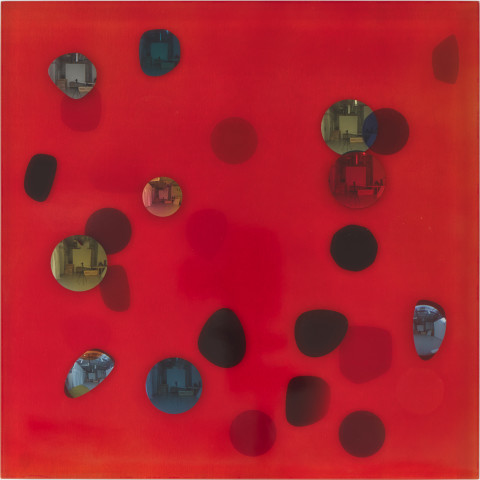 Jim Lambie July 2002, Coral red unveils across a silken sky, 2026; resin, sunglasses lens, birch plywood, paint; 51 x 51 x 5 cm; more info; enquire