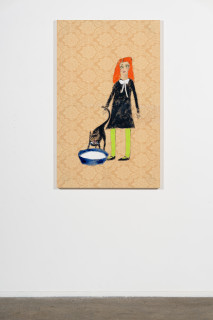 installation view; Jenny Watson Milk, 2026; acrylic on French damask; 130 x 80 cm; enquire