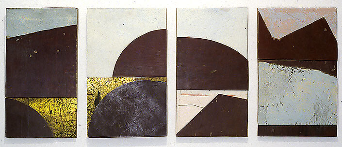 Rosalie Gascoigne Top of the Morning, 1994; formboard, masonite, retro-reflective roadsign on craftboard; 4 panels: 53 x 130cm (overall size); enquire