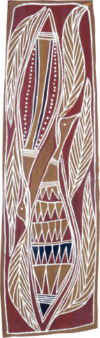 Charlie Djurritjini Finches, 1989; natural ochre pigments on Stringybark; 92 x 27 cm; enquire