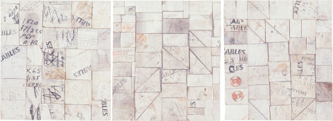 Rosalie Gascoigne Easy Street, 1997; sawn wood on wood,triptych; 86 x 77 cm; enquire