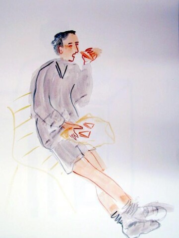 Vivienne Shark LeWitt untitled sketch (man eating sandwich on park bench), 1994; watercolour on paper; 75 x 55 cm; enquire
