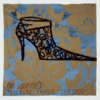 Jacqueline Fraser >, 2002; from the series Jacqueline Fraser 14.7.2002 Parisian Fabric Drawings; Oil stick on blue and gold brocade; 32 x 32 cm; enquire