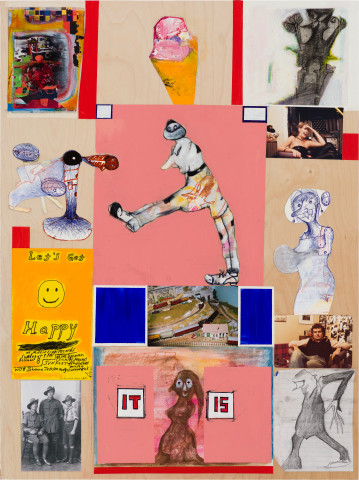 Gareth Sansom Let’s get happy (with Chris Johanson), 2021; mixed media on plywood; 80 x 60 cm; more info; enquire