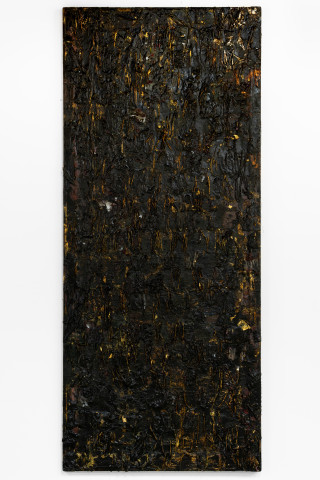 Kirtika Kain black silkscreen, 2025; gold leaf, wax, charcoal and cotton on silk screen; 183 x 78 cm; more info; enquire