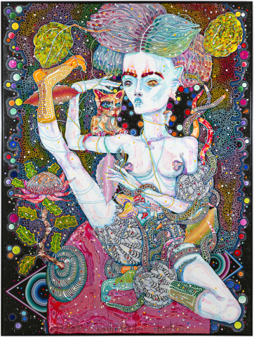 Del Kathryn Barton the cry of this body's occasion, 2016; acrylic on French linen; 243 x 182.5 cm; (framed); Enquire