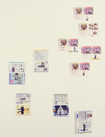 Jenny Watson Group 2: Observations; Group 4: Love hurts, 1999; (Mobile phone brochures) (Post Office Valentine?s Day poster); Pelikan and Schminke watercolour on Japanese found papers; dimensions variable; enquire