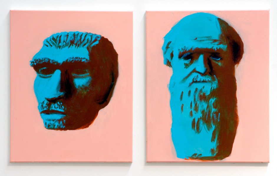 Tony Clark Portrait of the Neandertaler and Portrait of Charles Darwin, 2006; from the series Exhibited in 'Stolen Ritual', 2006; acrylic and permanent ink on canvas board; 2 panels, overall dimensions 50 x 80cm; enquire