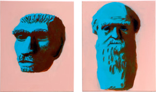 Tony Clark Portrait of the Neandertaler and Portrait of Charles Darwin, 2006; from the series Exhibited in 'Stolen Ritual', 2006; acrylic and permanent ink on canvas board; 2 panels, overall dimensions 50 x 80cm; enquire
