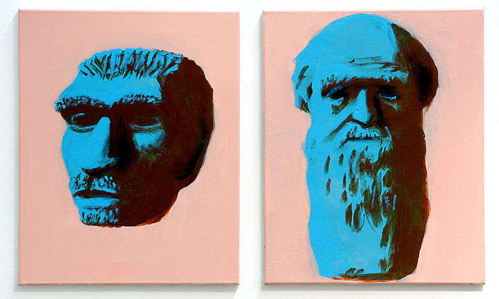 Tony Clark Portrait of the Neandertaler and Portrait of Charles Darwin, 2006; from the series Exhibited in 'Stolen Ritual', 2006; acrylic and permanent ink on canvas board; 2 panels, overall dimensions 50 x 80cm; enquire