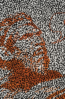 Daniel Boyd Untitled (PAMLATDOH), Untitled (ITIIKWWD) (detail), 2025; oil, acrylic and archival glue on paper mounted to canvas; diptych; 50 x 75 cm, 45 x 55 cm; enquire