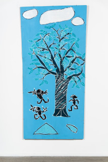 installation view; Dhambit Munuŋgurr Munydjutj, 2024; 6325-24; acrylic and earth pigment on bark; 218 x 105 cm; enquire