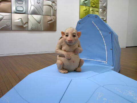Patricia Piccinini Nature's Little Helpers — Surrogate (for the Northern Hairy Nosed Wombat), 2004; silicon, fibreglass, leather, plywood, hair; 120 x 350 x 350 cm; (approx overall dimensions); Edition of 3 + AP 1; enquire