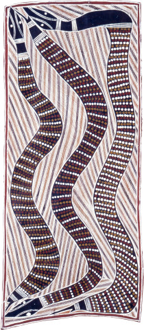 Djardi Ashley Wititj - Olive Pythons, 1989; natural ochre pigments on Stringybark; 102 x 45 cm; enquire