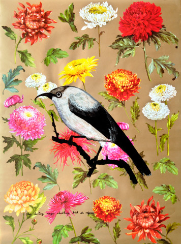 Jacqueline Fraser 15. "The darling magic whistling bird in repose", 2007; Silver metallic acrylic and black acrylic on Japanese floral paper; 65 x 48 cm; enquire