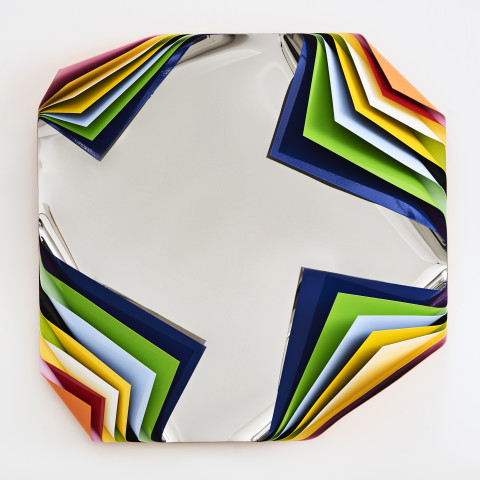 Jim Lambie Metal Box (Rio de Janeiro), 2019; polished steel and aluminium sheets, gloss paint; 80 x 80 x 23 cm; 20 Kg; Enquire