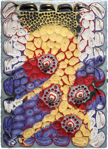 Rohan Wealleans Mouth Embrace with Hand, 2011; paint and pins on board; 70 x 50 x 8 cm; enquire