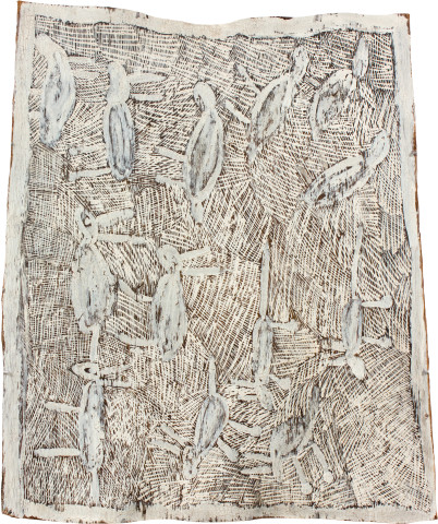 Nyapanyapa Yunupiŋu Watumalanha, 2011; natural earth pigments on bark; 84 x 70 cm; enquire