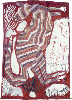 James Iyuna Kalkbert - Flying Fox, 1989; natural ochre pigments on Stringybark; 134 x 90 cm; enquire