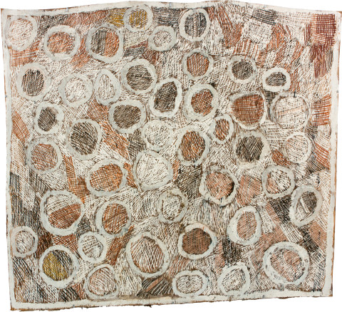 Nyapanyapa Yunupiŋu Coloured Circles, 2011; natural earth pigments on bark; 81 x 90 cm; enquire