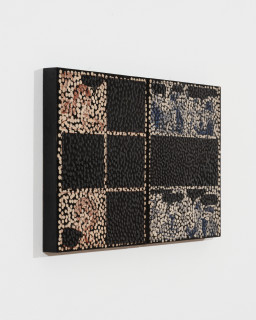 Daniel Boyd Untitled (PTNBLT), 2025; oil, ink and archival glue on paper mounted to board; diptych; 30 x 25cm each; enquire