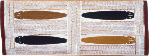 Jimmy Wululu Manbiri - Catfish, 1989; natural ochre pigments on Stringybark; 147 x 56.5 cm; enquire
