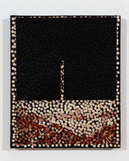 Daniel Boyd Untitled (VKQSTVO), 2025; oil, ink and archival glue on paper mounted to board; 30 x 25 cm; enquire