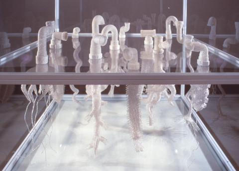 Fiona Hall Dead in the Water, 1999; pvc pipe, glass beads, wire, vitrine; 106.5 x 128 x 128 cm; vitrine dimensions; enquire
