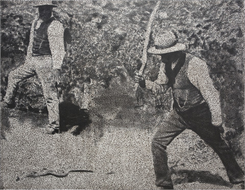 Daniel Boyd Untitled (DS), 2014; oil, charcoal and archival glue on linen; 213 x 274 cm; enquire