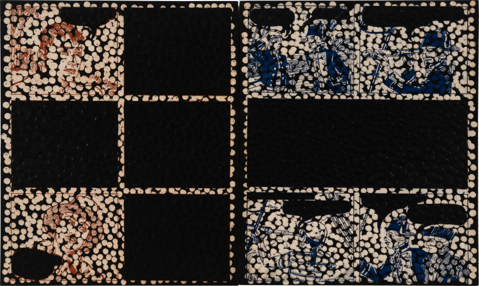 Daniel Boyd Untitled (PTNBLT), 2025; oil, ink and archival glue on paper mounted to board; diptych; 30 x 25cm each; enquire