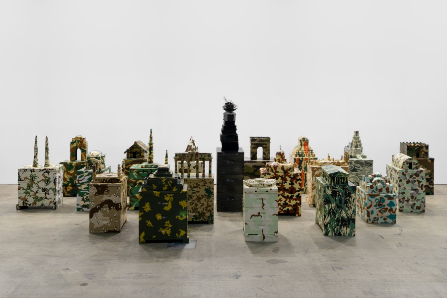 Fiona Hall The Barbarians at the Gate, 2010-2026; wooden beehives, wood and metal architectural models, plastic 'action' dolls, paint; installation dimensions variable; enquire