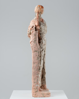 Linda Marrinon Pink and grey poet, 2026; tinted and painted plaster and hessian; 99 x 28 x 25 cm; enquire