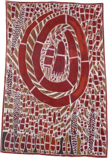 Robyn Djunginy Wagilag Sisters, 1989; natural ochre pigments on Stringybark; 115 x 76 cm; enquire