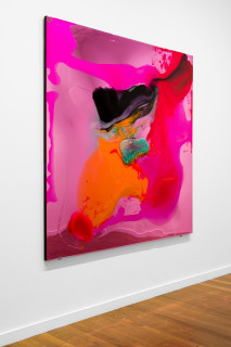 installation view; Dale Frank She needed to declutter her life and her bedroom, 2026; colour powder pigments in Epoxyglass, Epoxyglass, on perspex; 200 x 200 cm; enquire