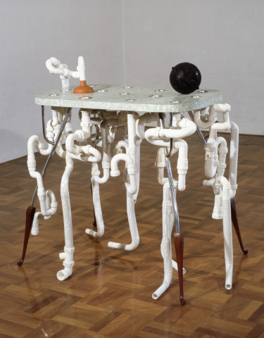 Fiona Hall Incontinent, 1997; laminex, metal, wood, PVC, rubber & glass; variable; enquire