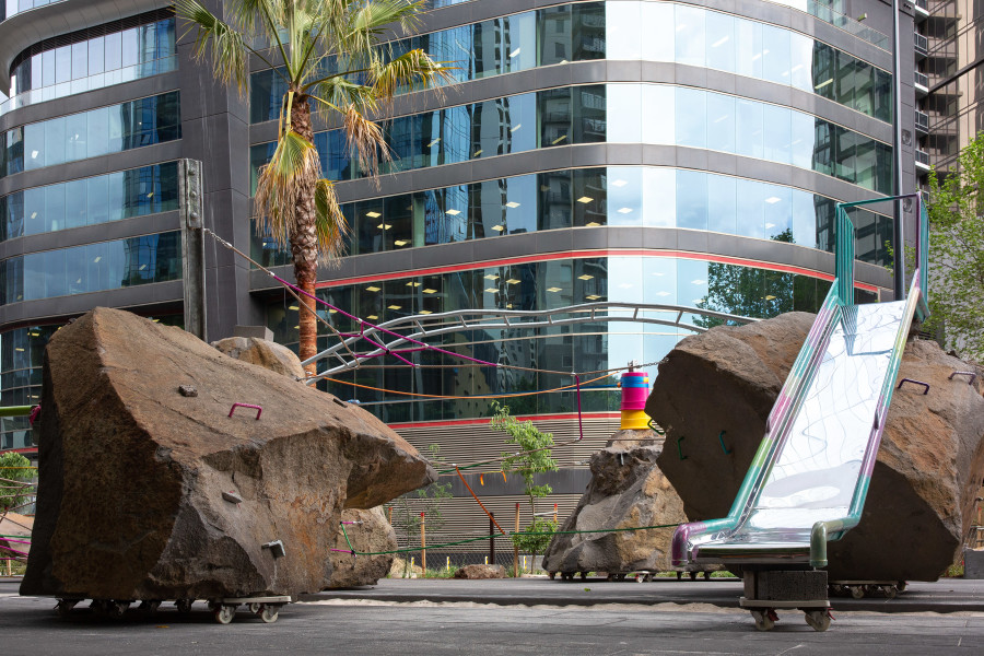 Installation view, Mike Hewson, Rocks On Wheels, 2022, Southbank, Melbourne