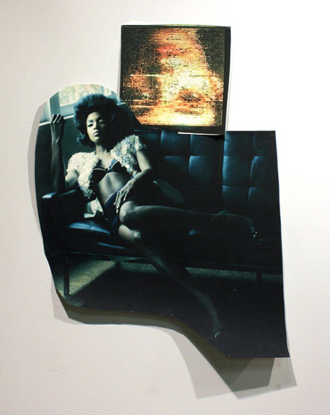 Jacqueline Fraser The Making of 8 Mile 2012, 2012; archival card, duratrans, magazine clippings, paint, archival glue, wood grain contact, cling wrap, gold foil paper, plastic sheeting; dimensions variable; enquire
