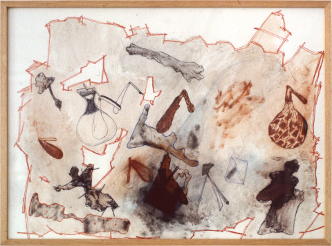 Gareth Sansom Hanging sacks, 1981; mixed media on hardboard; 122 x 183 cm; enquire