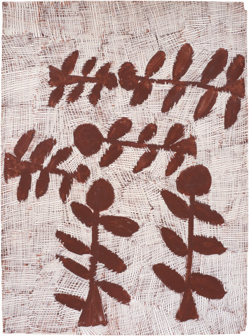 Nyapanyapa Yunupingu Djorra (paper) 9, 2014; TPA082; felt tip pen, earth pigments on discarded print proofs; 75 x 56 cm; Enquire