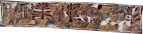 Nyapanyapa Yunupiŋu Bukulup Cleansing Ceremony 2, 2008; natural earth pigments on bark; 42 x 210 cm; enquire