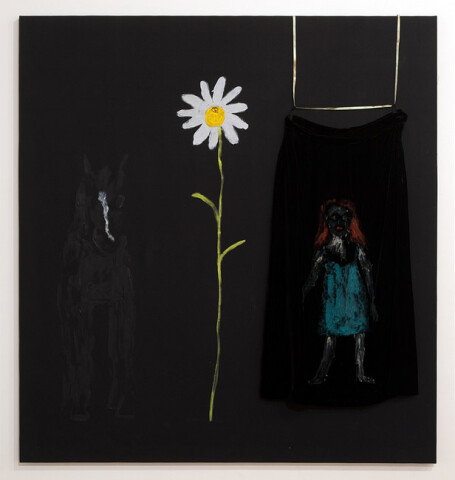 Jenny Watson Old Mare, daisy and a bit of skirt, 2010; acrylic and glass beads on rabbit skin glue primed French fabric and oil on velvet skirt and ribbon
130 x 122 cm
; enquire