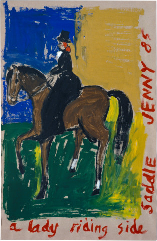 Jenny Watson A Lady Riding Side Saddle, 1985; acrylic and gouache on brown paper; approx. 76.2 x 55.9 cm; enquire