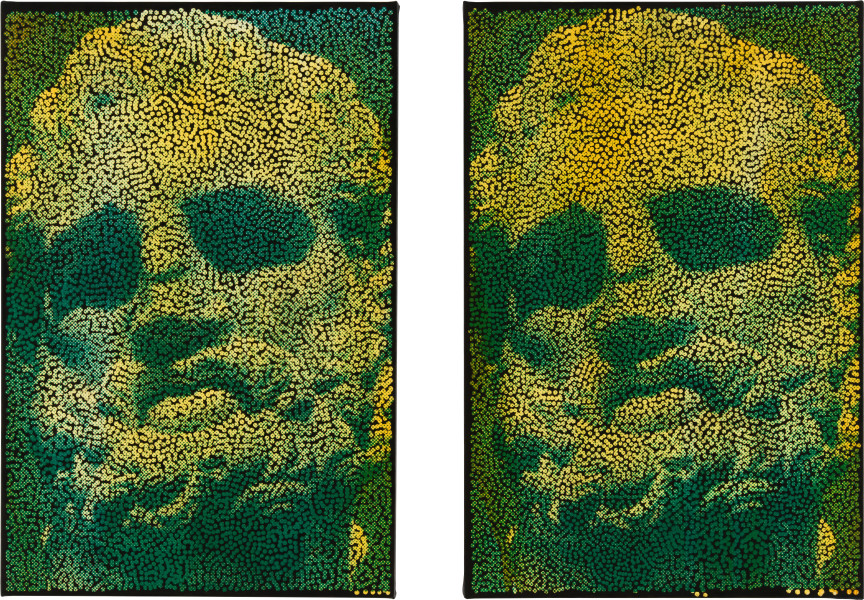 Daniel Boyd Untitled (WIHSTSICSBS), Untitled (STTSTBFU), 2025; oil, charcoal and archival glue on canvas; diptych; 91.5 x 61 cm each; enquire