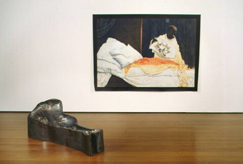 Julie Rrap Untitled (after Manet's 'Olympia'), 2002; from the series Fleshed Out; bronze, Vutek print, solvent pigment inks on canvas; 58 x 135 x 55 cm; 1 bronze piece, print dimensions: 176.5 x 251 cm; Edition of 3; enquire