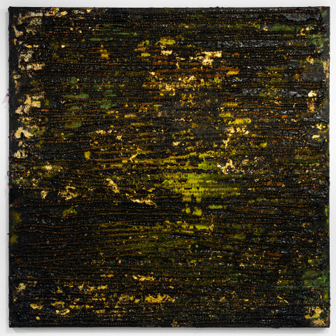 Kirtika Kain gold green medium, 2025; tar, gold leaf, pigment and religious beads; 120 x 120 cm; more info; enquire