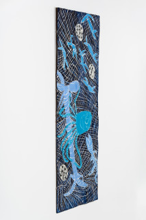 Dhambit Munuŋgurr Husband and wife, 2024; 8388-24; acrylic on bark; 240 x 96 cm; enquire