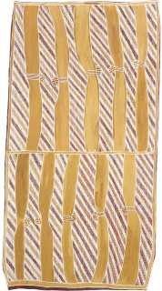 Clara Wubukwubuk Munygany - Bush Food, 1989; natural ochre pigments on Stringybark; 136 x 72 cm; enquire