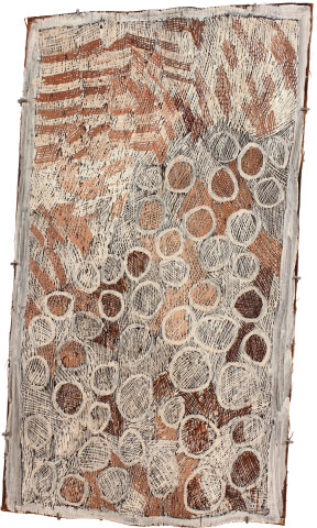 Nyapanyapa Yunupiŋu Pink and White Circle, 2011; 3942A; natural earth pigments on bark; 109 x 60 cm; enquire