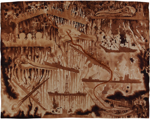Fiona Hall Spill, 2011; Tongan tapa dye and Tongan ochre on canvas; 165 x 210 cm; enquire